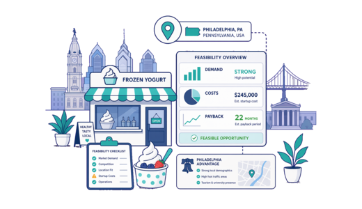 Frozen Yoghurt Shop planning illustration for Philadelphia with a map pin and feasibility dashboard