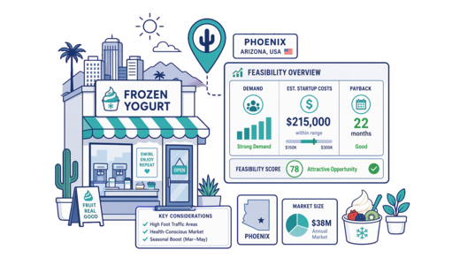 Frozen Yoghurt Shop planning illustration for Phoenix with a map pin and feasibility dashboard