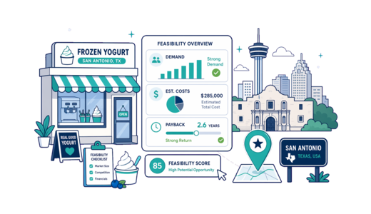 Frozen Yoghurt Shop planning illustration for San Antonio with a map pin and feasibility dashboard