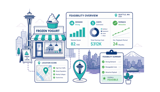 Frozen Yoghurt Shop planning illustration for Seattle with a map pin and feasibility dashboard
