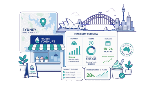 Frozen Yoghurt Shop planning illustration for Sydney with a map pin and feasibility dashboard