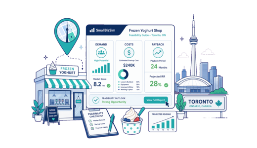 Frozen Yoghurt Shop planning illustration for Toronto with a map pin and feasibility dashboard