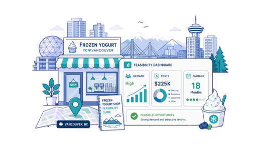 Frozen Yoghurt Shop planning illustration for Vancouver with a map pin and feasibility dashboard