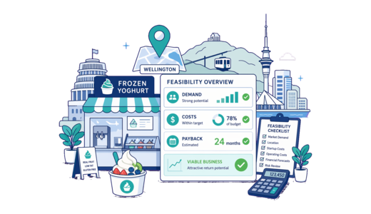 Frozen Yoghurt Shop planning illustration for Wellington with a map pin and feasibility dashboard