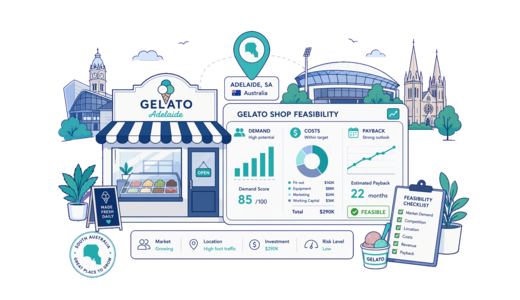 Gelato Shop planning illustration for Adelaide with a map pin and feasibility dashboard