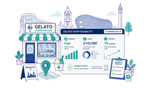 Gelato Shop planning illustration for Birmingham with a map pin and feasibility dashboard