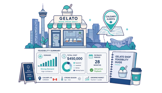 Gelato Shop planning illustration for Calgary with a map pin and feasibility dashboard
