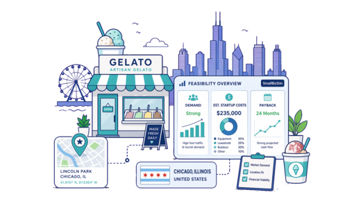 Gelato Shop planning illustration for Chicago with a map pin and feasibility dashboard