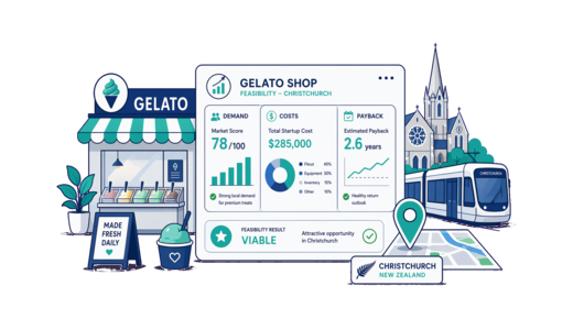 Gelato Shop planning illustration for Christchurch with a map pin and feasibility dashboard