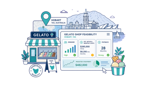Gelato Shop planning illustration for Hobart with a map pin and feasibility dashboard