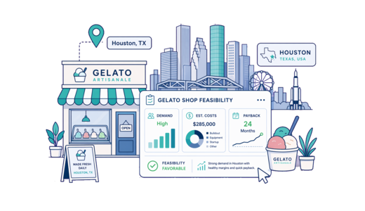 Gelato Shop planning illustration for Houston with a map pin and feasibility dashboard