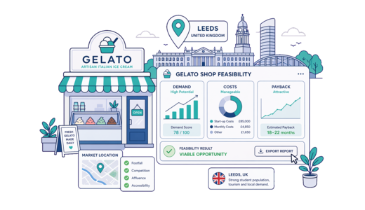 Gelato Shop planning illustration for Leeds with a map pin and feasibility dashboard