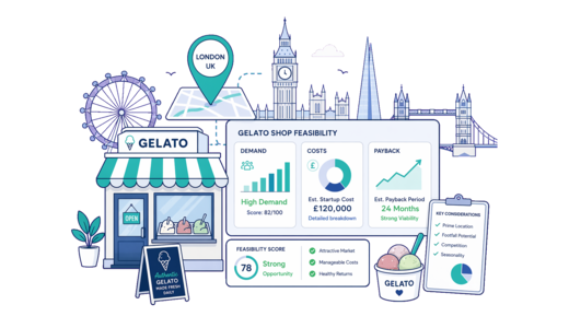 Gelato Shop planning illustration for London with a map pin and feasibility dashboard