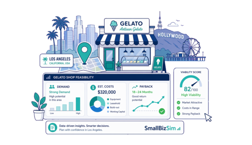 Gelato Shop planning illustration for Los Angeles with a map pin and feasibility dashboard