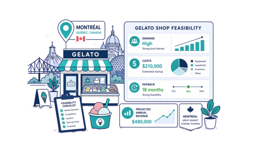 Gelato Shop planning illustration for Montreal with a map pin and feasibility dashboard