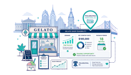 Gelato Shop planning illustration for Philadelphia with a map pin and feasibility dashboard