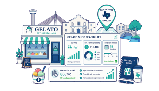 Gelato Shop planning illustration for San Antonio with a map pin and feasibility dashboard