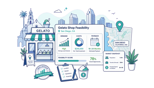 Gelato Shop planning illustration for San Diego with a map pin and feasibility dashboard