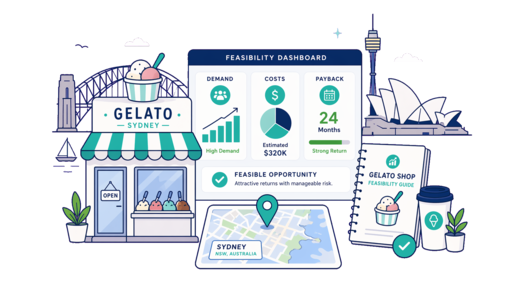 Gelato Shop planning illustration for Sydney with a map pin and feasibility dashboard