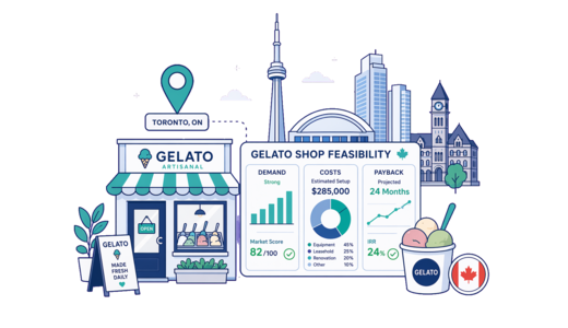 Gelato Shop planning illustration for Toronto with a map pin and feasibility dashboard