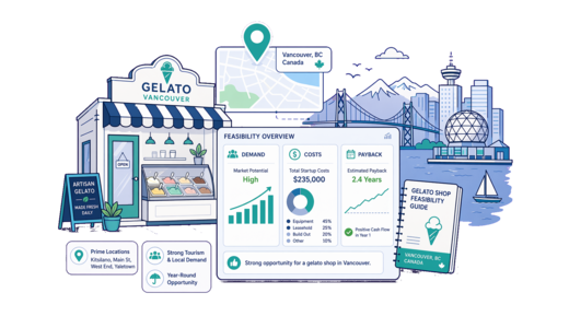 Gelato Shop planning illustration for Vancouver with a map pin and feasibility dashboard
