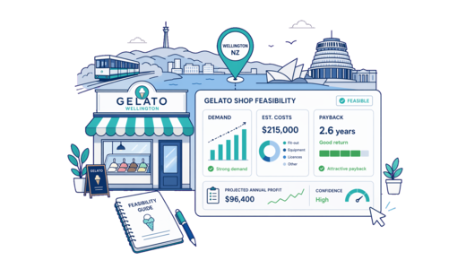 Gelato Shop planning illustration for Wellington with a map pin and feasibility dashboard