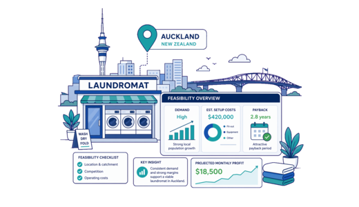 Laundromat planning illustration for Auckland with a map pin and feasibility dashboard