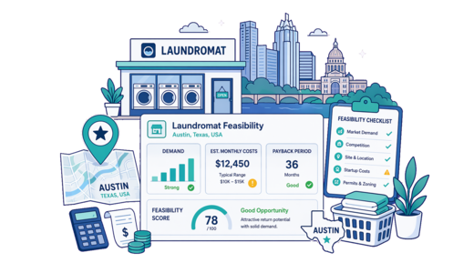 Laundromat planning illustration for Austin with a map pin and feasibility dashboard