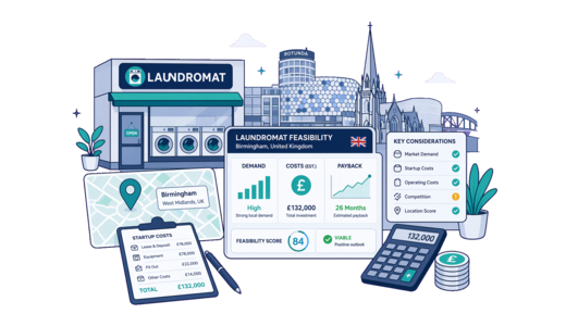 Laundromat planning illustration for Birmingham with a map pin and feasibility dashboard