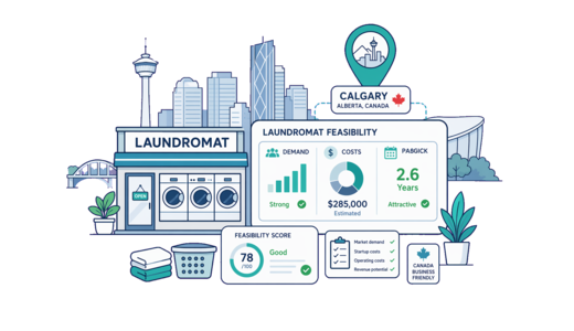 Laundromat planning illustration for Calgary with a map pin and feasibility dashboard