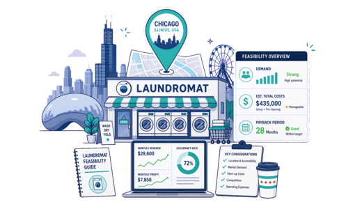 Laundromat planning illustration for Chicago with a map pin and feasibility dashboard
