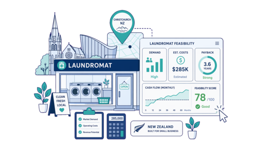 Laundromat planning illustration for Christchurch with a map pin and feasibility dashboard