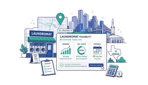 Laundromat planning illustration for Houston with a map pin and feasibility dashboard