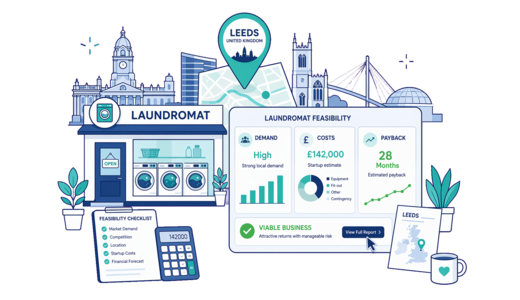 Laundromat planning illustration for Leeds with a map pin and feasibility dashboard