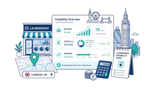 Laundromat planning illustration for London with a map pin and feasibility dashboard