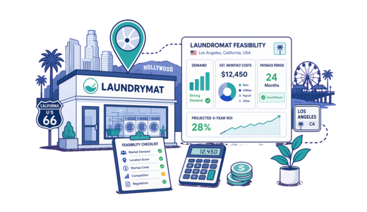 Laundromat planning illustration for Los Angeles with a map pin and feasibility dashboard