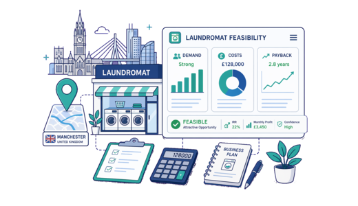 Laundromat planning illustration for Manchester with a map pin and feasibility dashboard