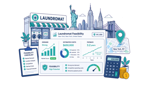 Laundromat planning illustration for New York with a map pin and feasibility dashboard