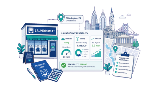 Laundromat planning illustration for Philadelphia with a map pin and feasibility dashboard