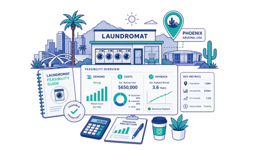 Laundromat planning illustration for Phoenix with a map pin and feasibility dashboard