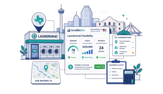 Laundromat planning illustration for San Antonio with a map pin and feasibility dashboard