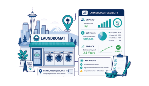Laundromat planning illustration for Seattle with a map pin and feasibility dashboard