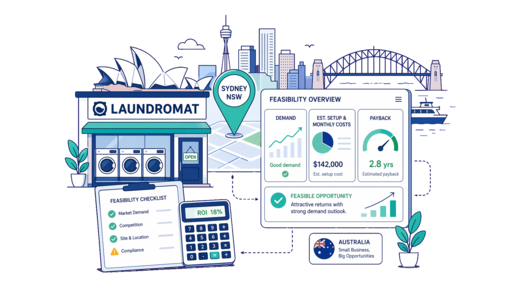 Laundromat planning illustration for Sydney with a map pin and feasibility dashboard