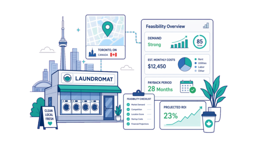 Laundromat planning illustration for Toronto with a map pin and feasibility dashboard