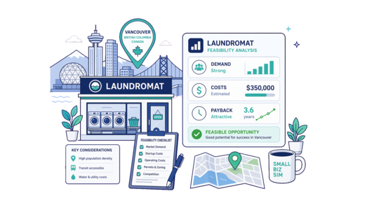 Laundromat planning illustration for Vancouver with a map pin and feasibility dashboard