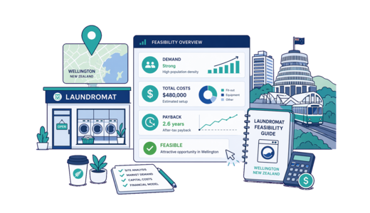 Laundromat planning illustration for Wellington with a map pin and feasibility dashboard