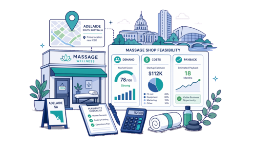 Massage Shop planning illustration for Adelaide with a map pin and feasibility dashboard