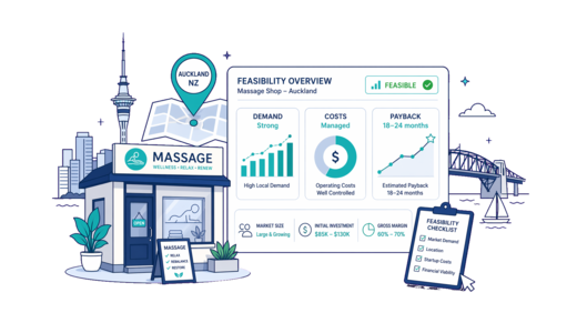 Massage Shop planning illustration for Auckland with a map pin and feasibility dashboard