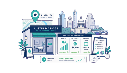 Massage Shop planning illustration for Austin with a map pin and feasibility dashboard