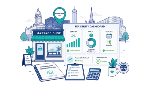 Massage Shop planning illustration for Birmingham with a map pin and feasibility dashboard